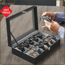 2026 New 12 Grid Watch Case with Glass Cover Removable Lining Metal Buckle Black Synthetic Leather and Lining