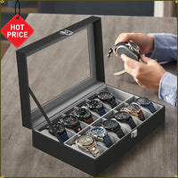2026 New 12 Grid Watch Case with Glass Cover Removable Lining Metal Buckle Black Synthetic Leather and Lining