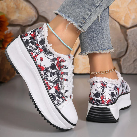 Women Sneakers New Elegant Floral Printed Lace Up Female Flat Shoes Fashion Trend Round Toe Sneakers Women Zapatos De Mujer