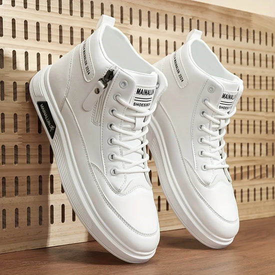High-Top Sneakers for Men Designed for All Seasons, Featuring a Non-Slip PU Sole And a White Laceless Design Suitable for Urban