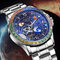 GLENAW New Rotating Earth Mechanical Watch Men Space astronaut dial Night Light Waterproof Stainless Steel Strap Automatic Watch
