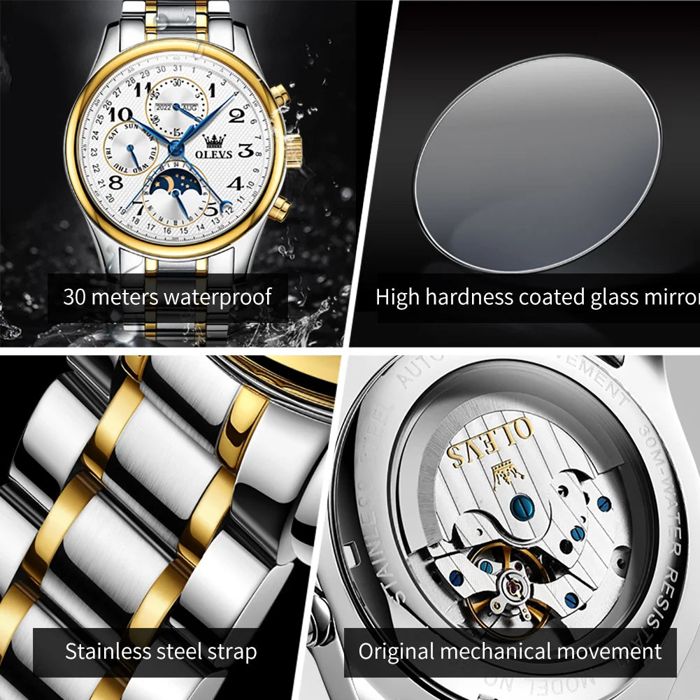 OLEVS 6667 Men's Watch Fashion Number Scale Mechanical Watch For Men Top Brand Original Moonswatch Waterproof Man Hand Clock