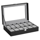 2026 New 12 Grid Watch Case with Glass Cover Removable Lining Metal Buckle Black Synthetic Leather and Lining