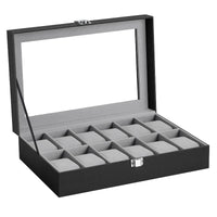 2026 New 12 Grid Watch Case with Glass Cover Removable Lining Metal Buckle Black Synthetic Leather and Lining