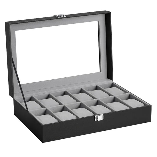 2026 New 12 Grid Watch Case with Glass Cover Removable Lining Metal Buckle Black Synthetic Leather and Lining