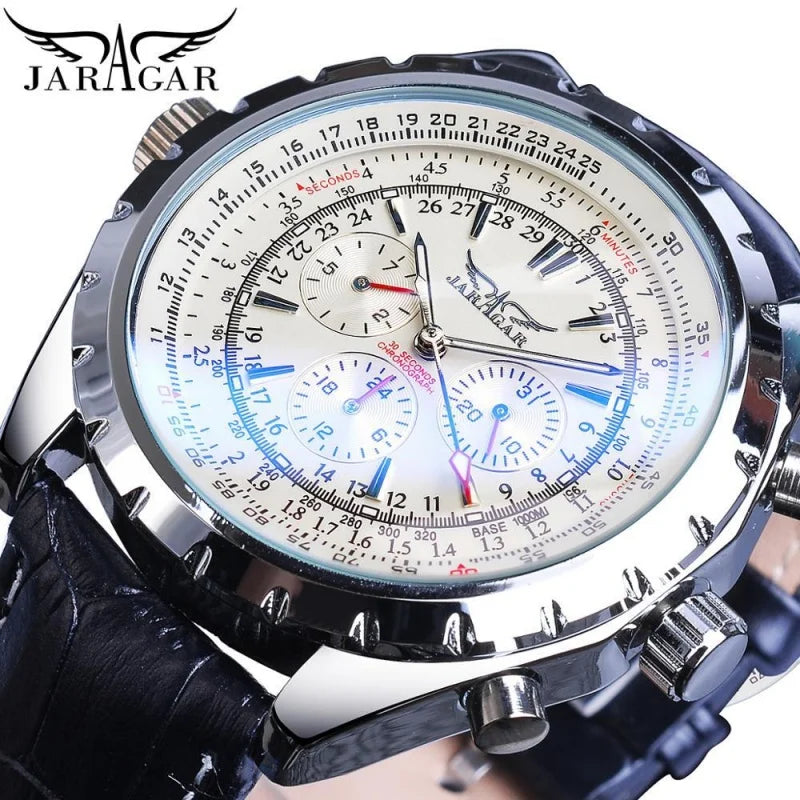 JARAGAR 212 Elegant Automatic Mechanical Watches for Man Hollowing Dial Chronograph Luminous Multifunctional Men Wristwatch