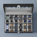 2026 New 12 Grid Watch Case with Glass Cover Removable Lining Metal Buckle Black Synthetic Leather and Lining