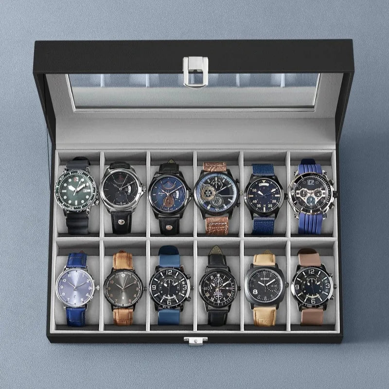 2026 New 12 Grid Watch Case with Glass Cover Removable Lining Metal Buckle Black Synthetic Leather and Lining