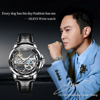 OLEVS 6661 Mechanical Wristwatch for Men Hollowed Flywheel Leather Strap Waterproof Luminous Business Men's Dress Watches