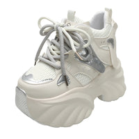 Women Walking Sneakers Autumn Lace-up High Platform Chunky Shoes Breathable Leather Shoes 10.5CM Winter Wedge Heels Casual Shoes