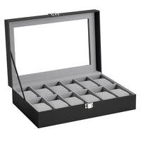 2026 New 12 Grid Watch Case with Glass Cover Removable Lining Metal Buckle Black Synthetic Leather and Lining