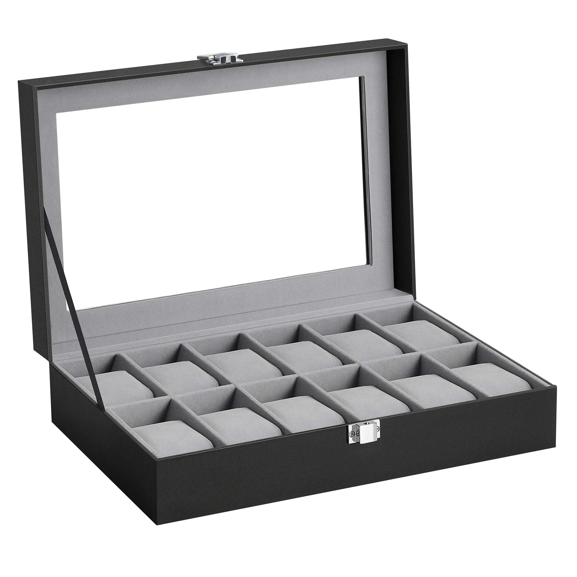 2026 New 12 Grid Watch Case with Glass Cover Removable Lining Metal Buckle Black Synthetic Leather and Lining