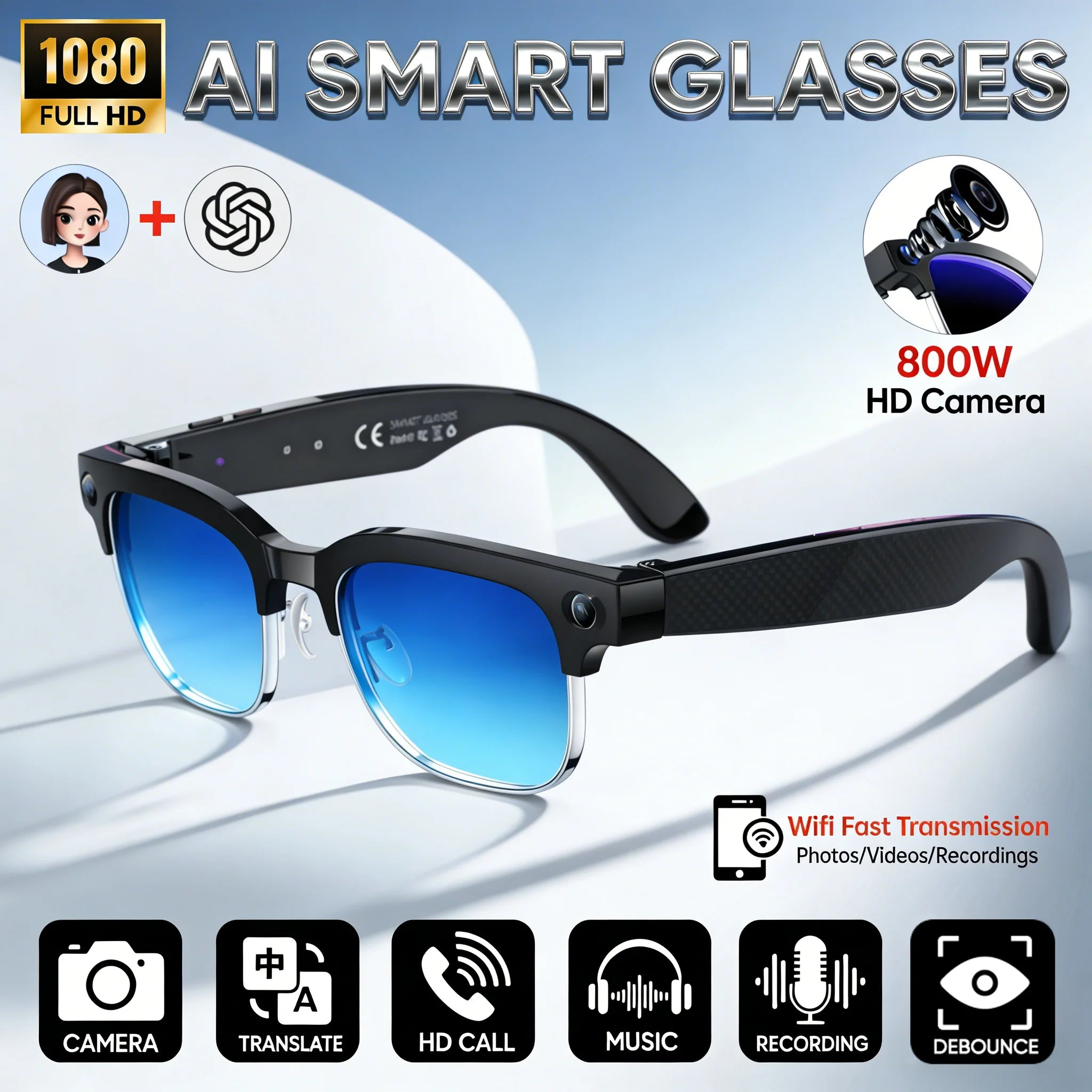 2026New 4K Ultra HD Color Change BT Call Smart Glasses AI Chat Music Player 800W Pixel Camera 1080P Video  AI Sports Glasses Men