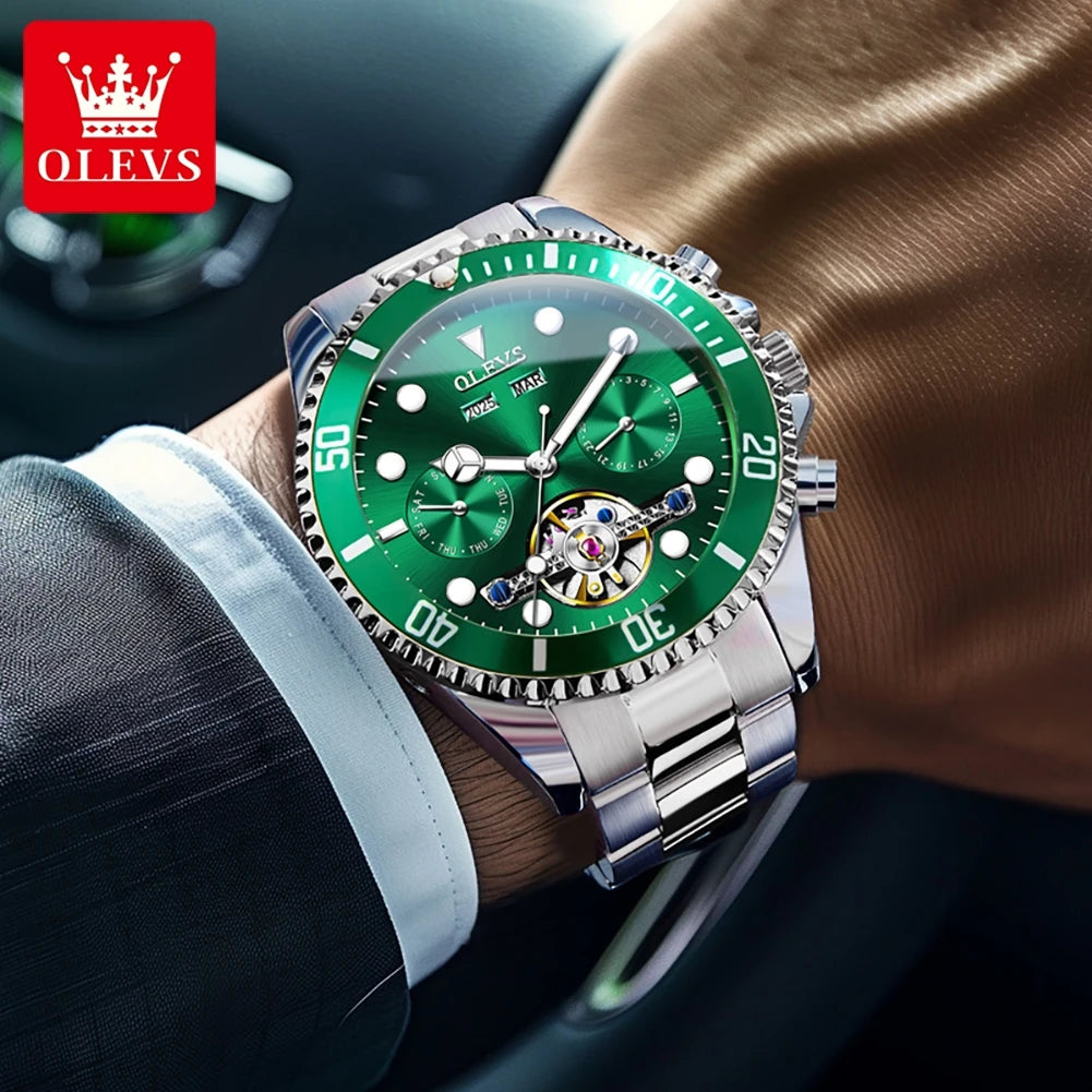 OLEVS 6605 Automatic Watches for Men Luxury Top Brand Original One-Way Rotation Bezel Skeleton Flywheel Mechanical Wristwatches