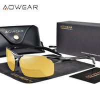 AOWEAR Mens Polarized Night Vision Glasses for Night Driving Rimless Aluminium Yellow Sunglasses Night Driver Anti-glare Eyewear