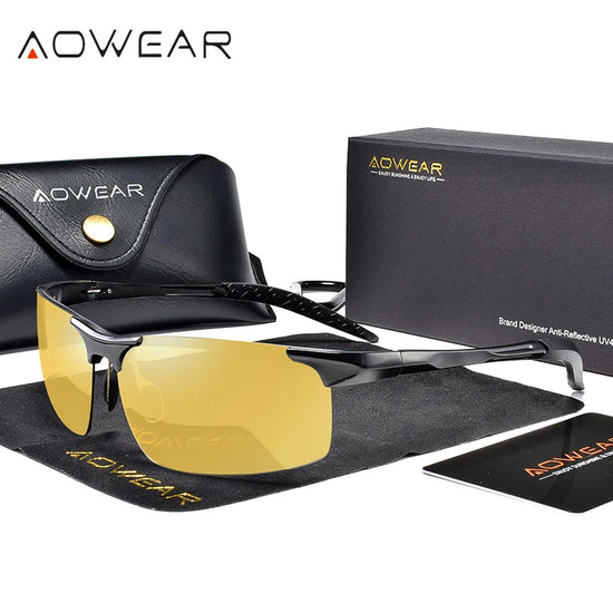 AOWEAR Mens Polarized Night Vision Glasses for Night Driving Rimless Aluminium Yellow Sunglasses Night Driver Anti-glare Eyewear