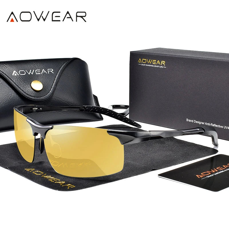 AOWEAR Mens Polarized Night Vision Glasses for Night Driving Rimless Aluminium Yellow Sunglasses Night Driver Anti-glare Eyewear