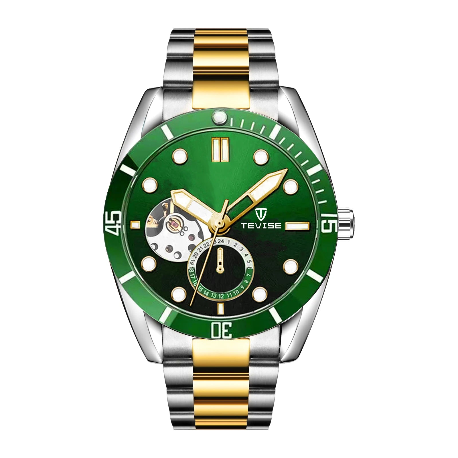 TEVISE Watch Automatic Mechanical Movement Fashion Stainless Steel Strap Skeleton Watch Luminous 24 Hour Wristwatch Waterproof
