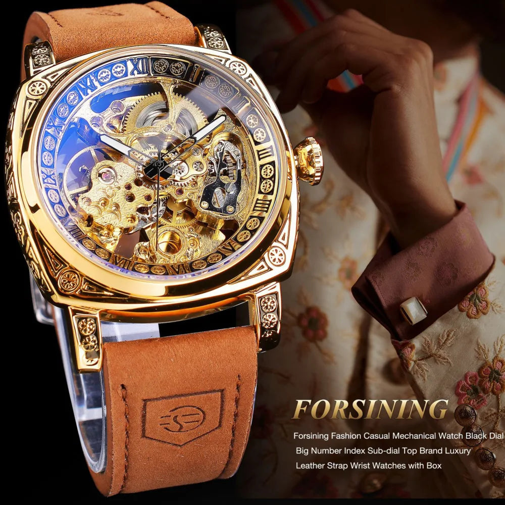 FORSINING Watches For Men Hollow Fully Automatic Mechanical Watch Luminous Waterproof Clock Leather Strap Men Watch Reloj Hombre