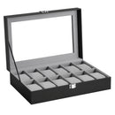 2026 New 12 Grid Watch Case with Glass Cover Removable Lining Metal Buckle Black Synthetic Leather and Lining