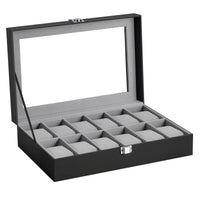 2026 New 12 Grid Watch Case with Glass Cover Removable Lining Metal Buckle Black Synthetic Leather and Lining