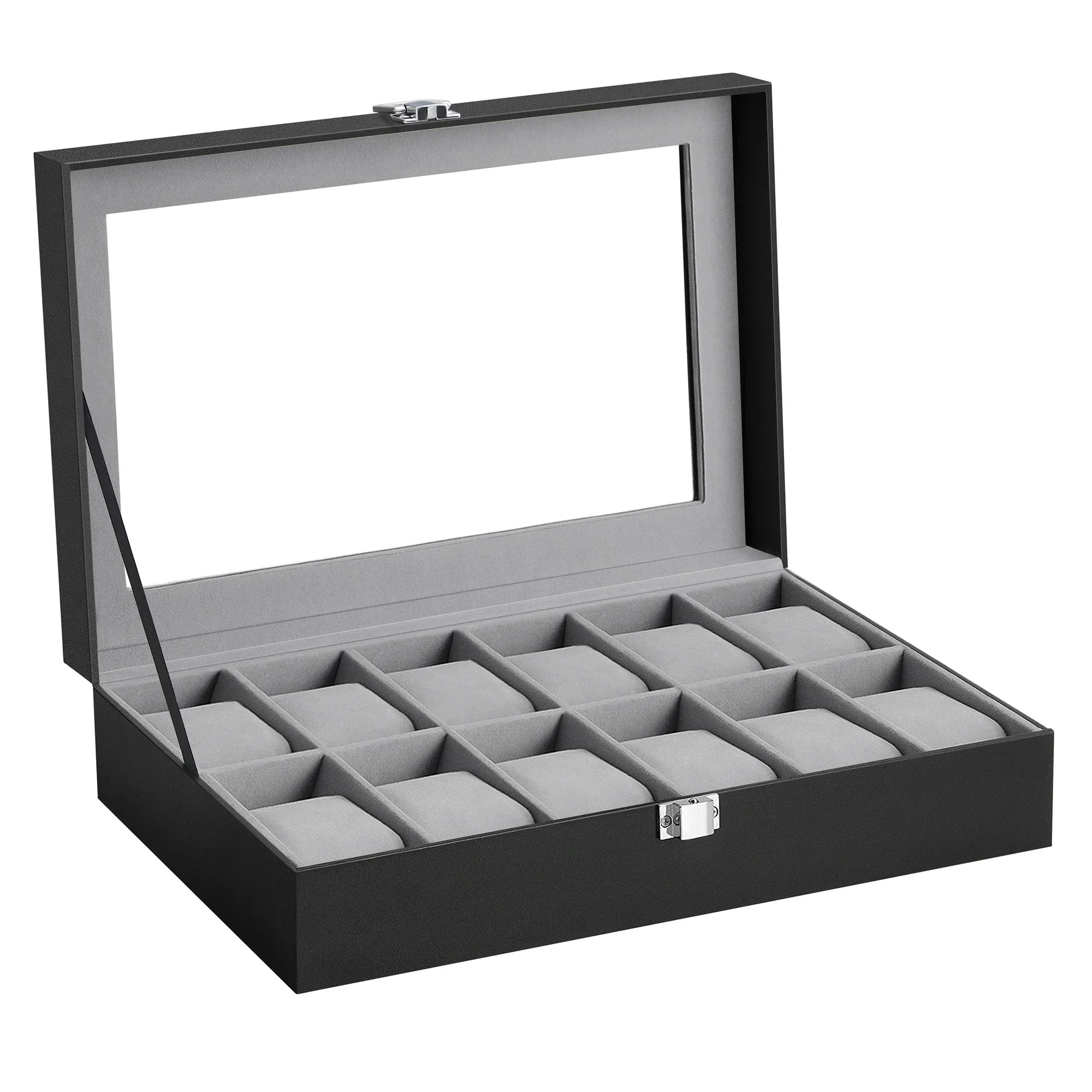 2026 New 12 Grid Watch Case with Glass Cover Removable Lining Metal Buckle Black Synthetic Leather and Lining