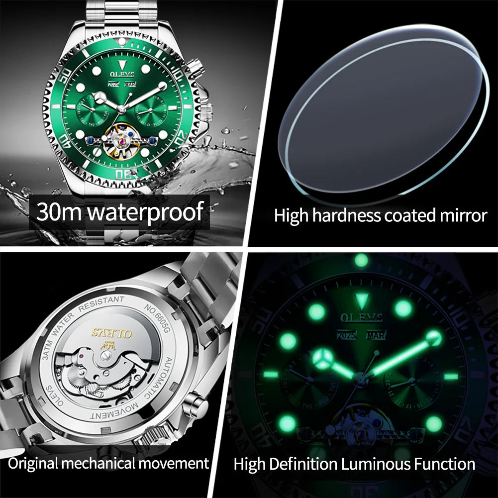 OLEVS 6605 Automatic Watches for Men Luxury Top Brand Original One-Way Rotation Bezel Skeleton Flywheel Mechanical Wristwatches