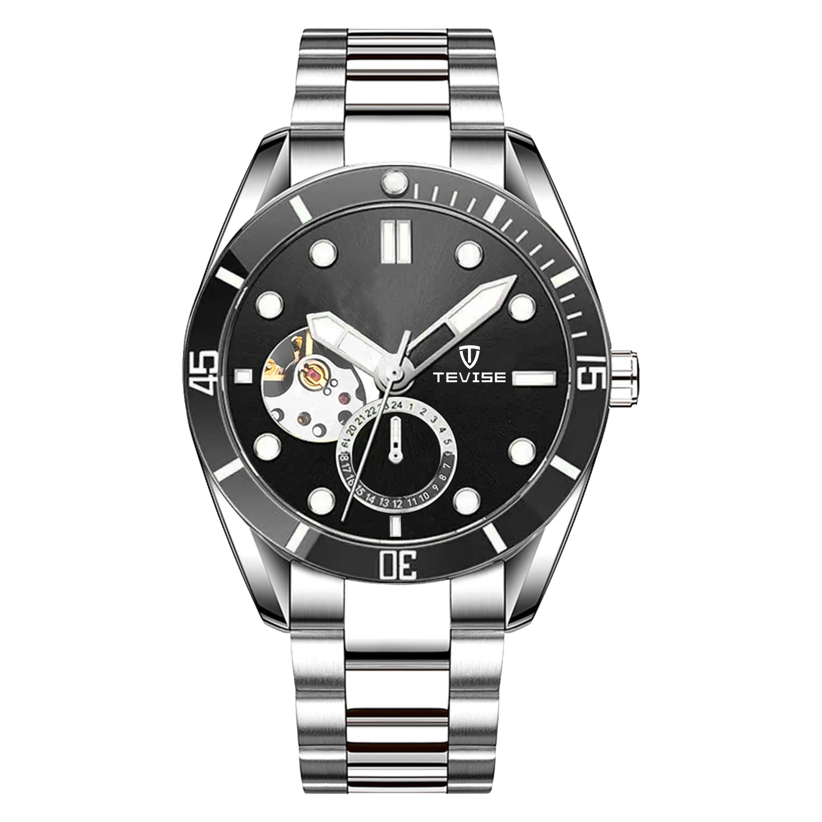 TEVISE Watch Automatic Mechanical Movement Fashion Stainless Steel Strap Skeleton Watch Luminous 24 Hour Wristwatch Waterproof
