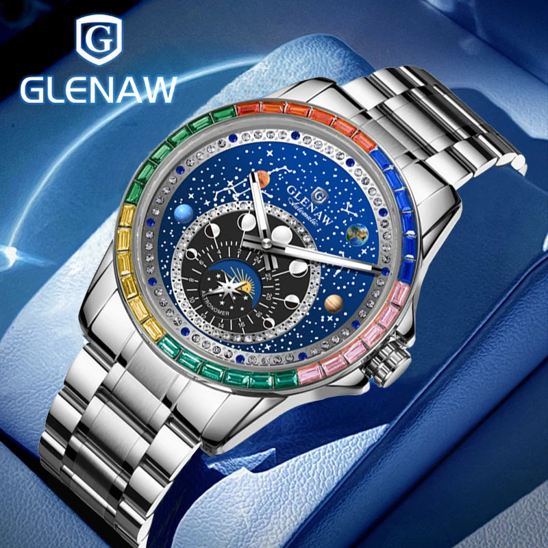 2025 New GLENAW Design Rainbow Circle Mechanical Watch Men Constellation dial Night Light Waterproof Top Luxury Mechanical Watch