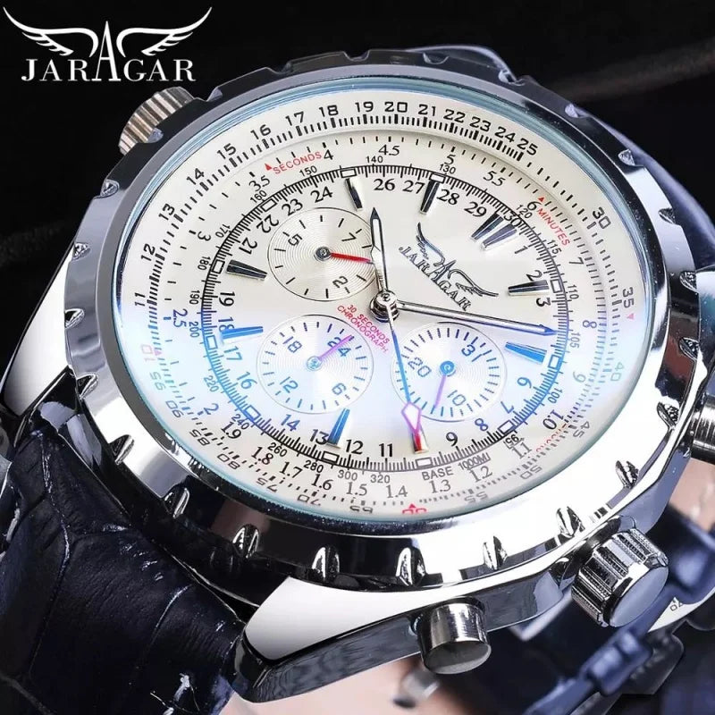 JARAGAR 212 Elegant Automatic Mechanical Watches for Man Hollowing Dial Chronograph Luminous Multifunctional Men Wristwatch