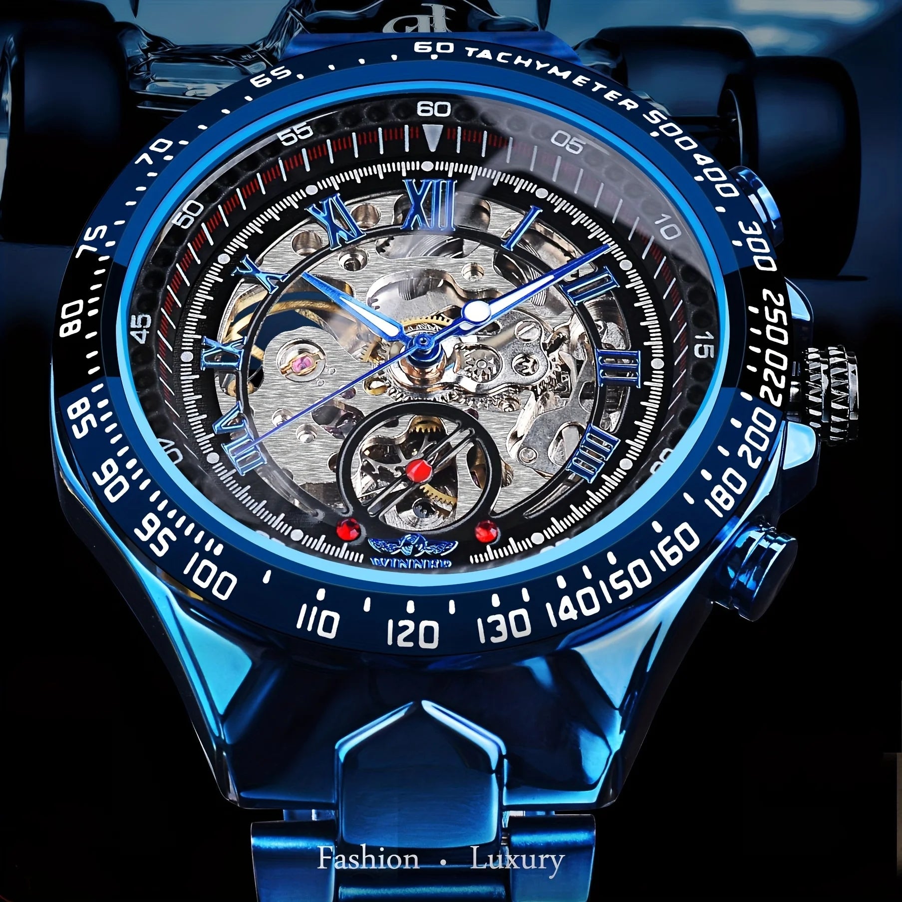 Fashion Men Automatic Mechanical Wristwatch Skeleton Dial Luminous Waterproof Stainless Steel Strap Watch Male Festival Gift