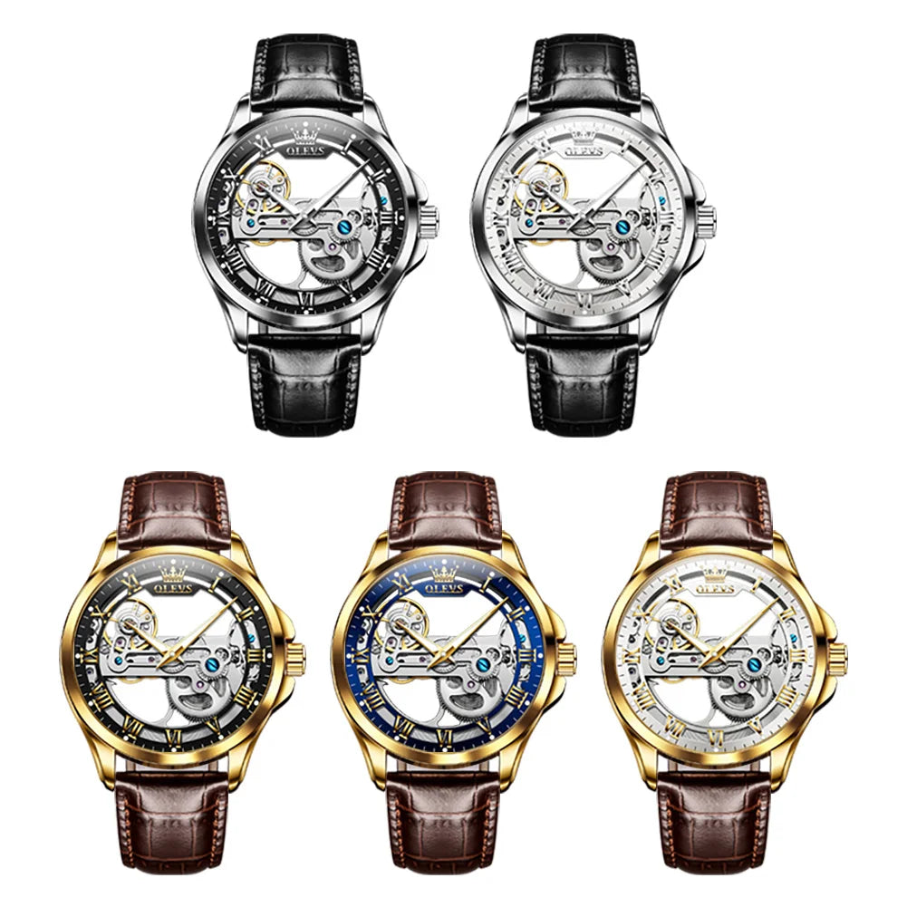 OLEVS 6661 Mechanical Wristwatch for Men Hollowed Flywheel Leather Strap Waterproof Luminous Business Men's Dress Watches