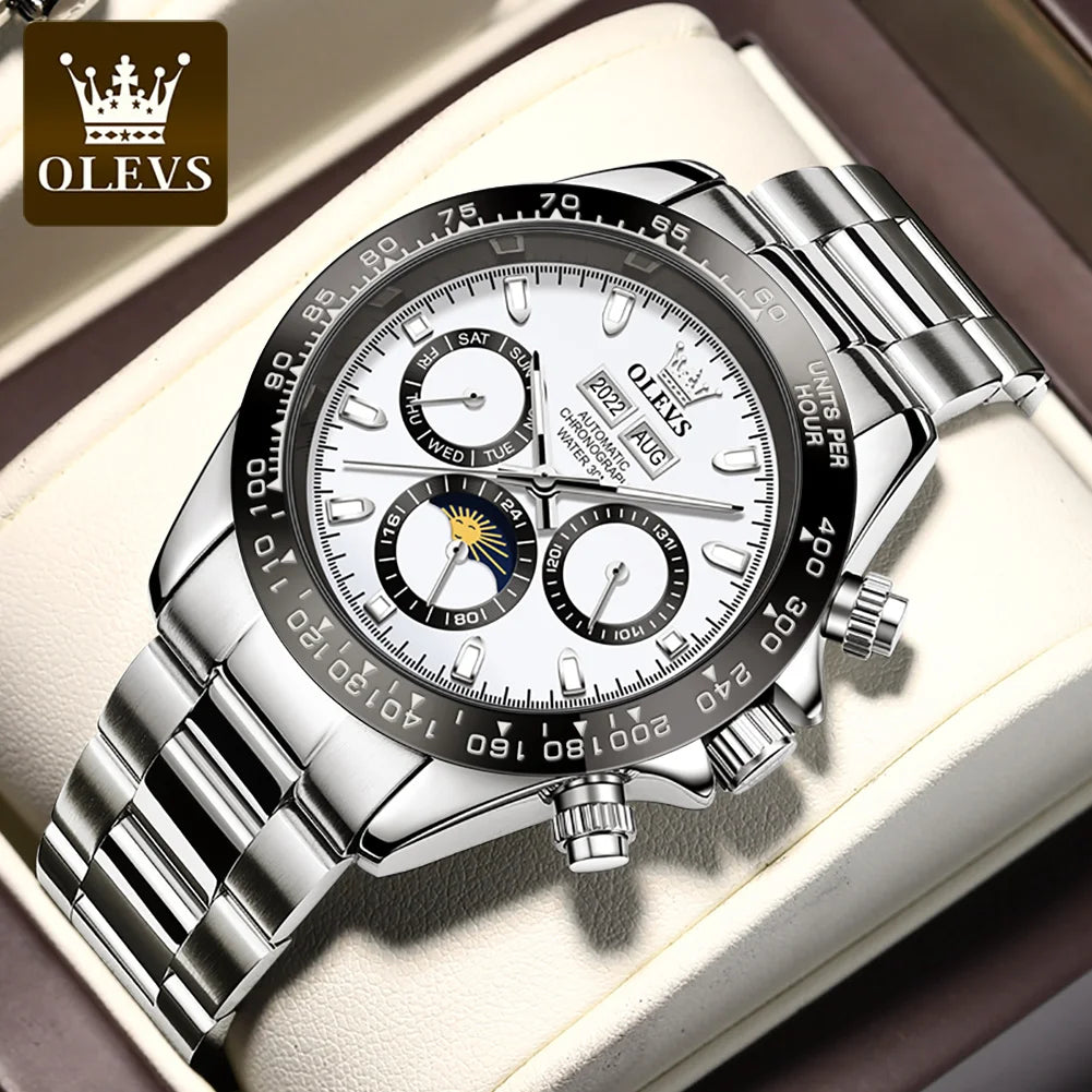 OLEVS 6654 Mens Watch Fashion Chronograph Automatic Mechanical Wristwatch Waterproof Luminous Function Top Brand Watch for Man