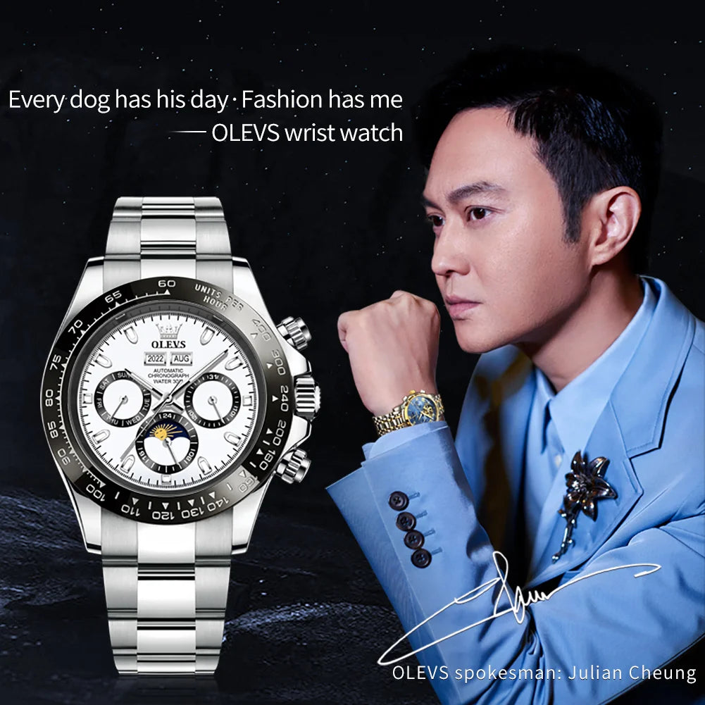 OLEVS 6654 Mens Watch Fashion Chronograph Automatic Mechanical Wristwatch Waterproof Luminous Function Top Brand Watch for Man