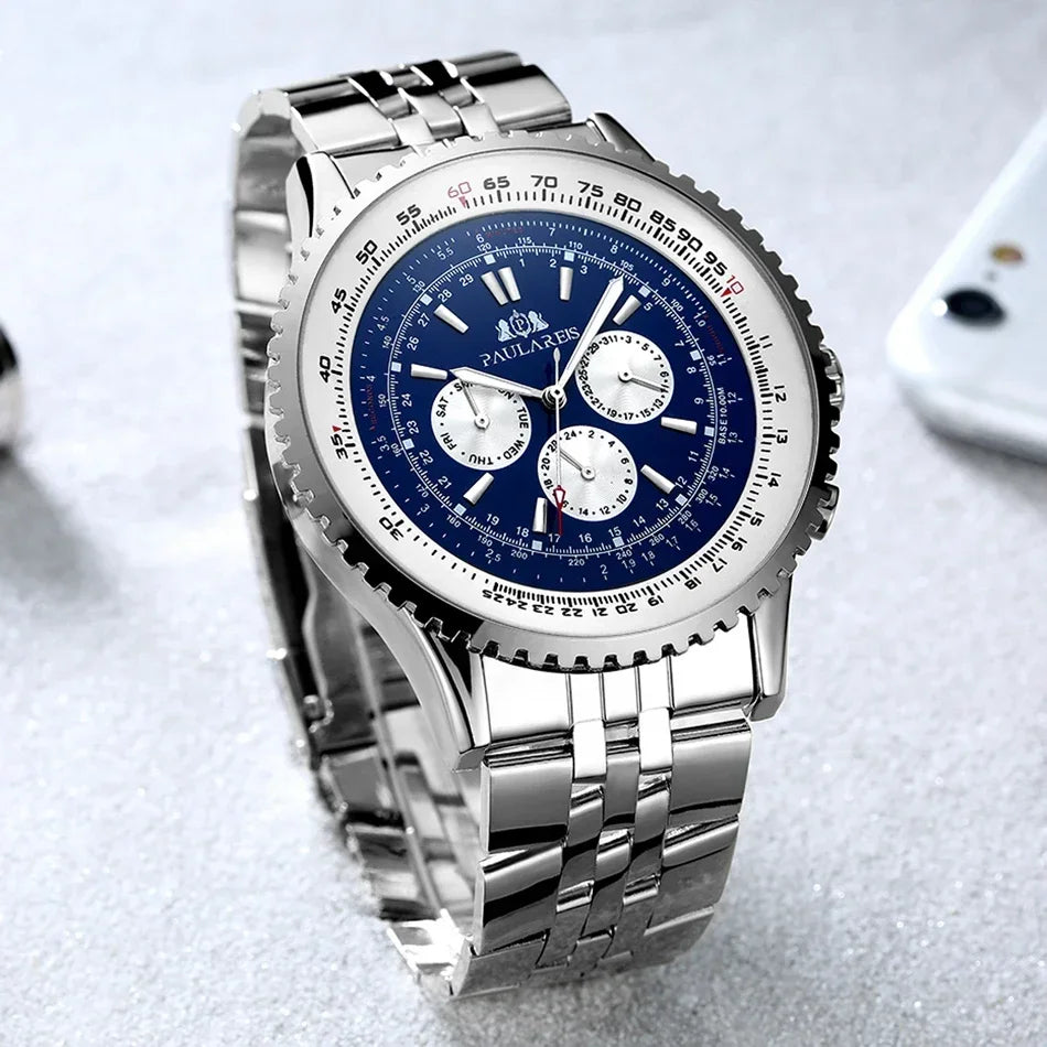 Automatic Watches for Men Mechanical Self Wind Leather Fashion Sports Blue Black White Big 50mm Classic Reloj Hombre Baratos