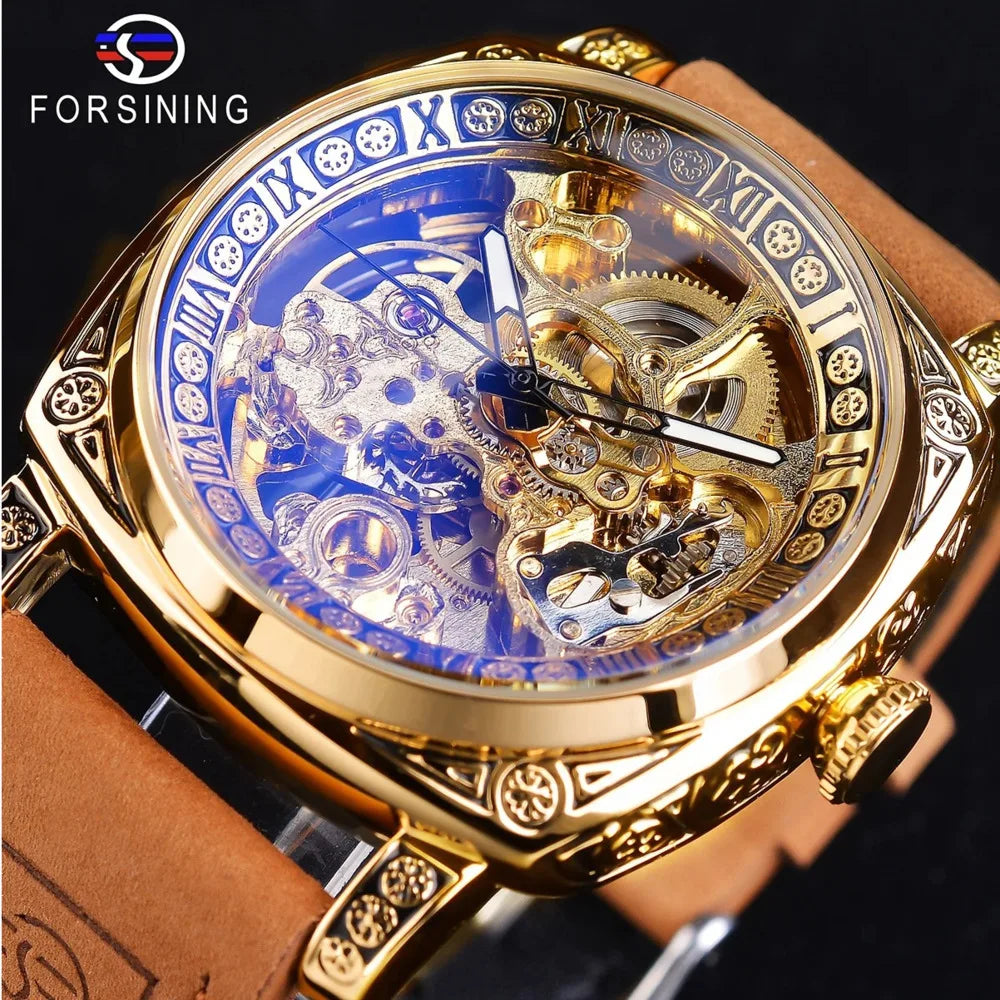 FORSINING Watches For Men Hollow Fully Automatic Mechanical Watch Luminous Waterproof Clock Leather Strap Men Watch Reloj Hombre