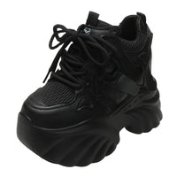 Women Walking Sneakers Autumn Lace-up High Platform Chunky Shoes Breathable Leather Shoes 10.5CM Winter Wedge Heels Casual Shoes