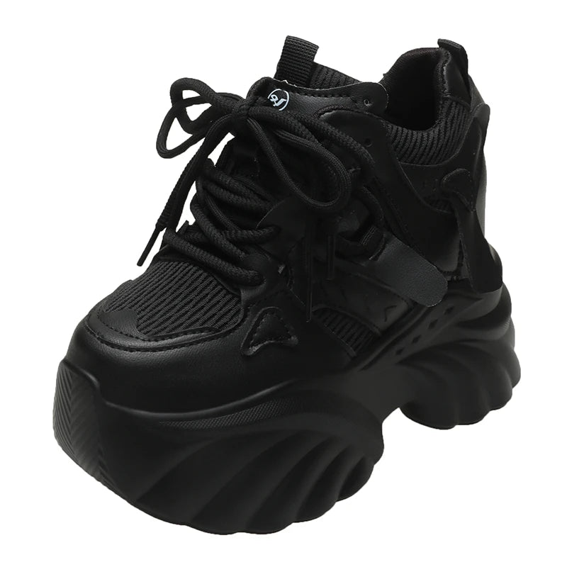Women Walking Sneakers Autumn Lace-up High Platform Chunky Shoes Breathable Leather Shoes 10.5CM Winter Wedge Heels Casual Shoes