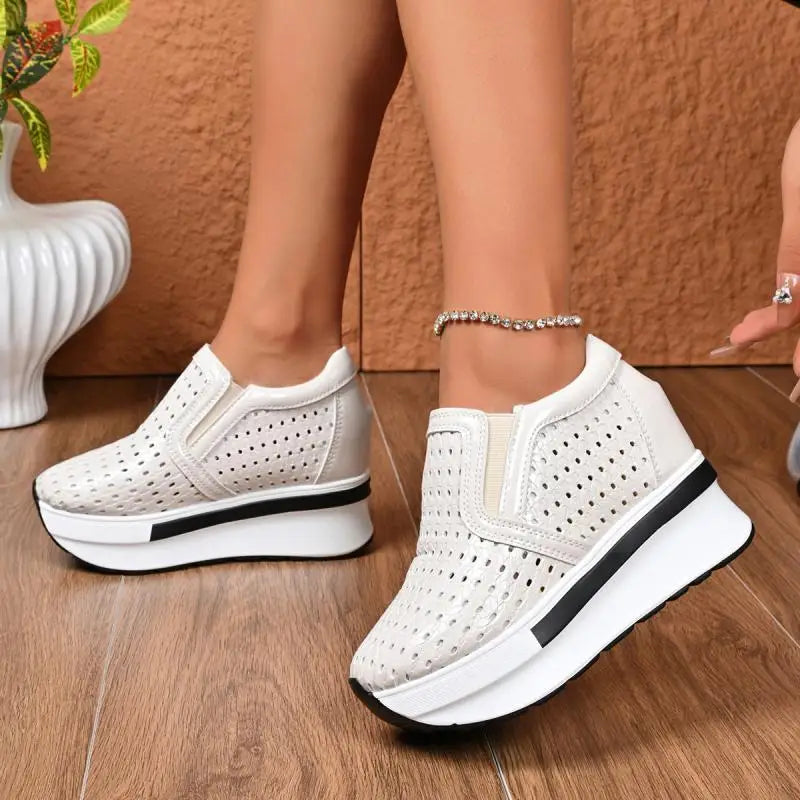 Breathable Hollow Out Thick Bottom Sneakers Women 2025 Autumn Chunky Platform High Heel Casual Shoes Slip On Non Slip Shoes