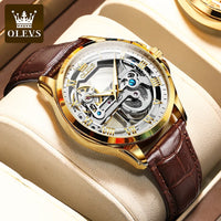 OLEVS 6661 Mechanical Wristwatch for Men Hollowed Flywheel Leather Strap Waterproof Luminous Business Men's Dress Watches