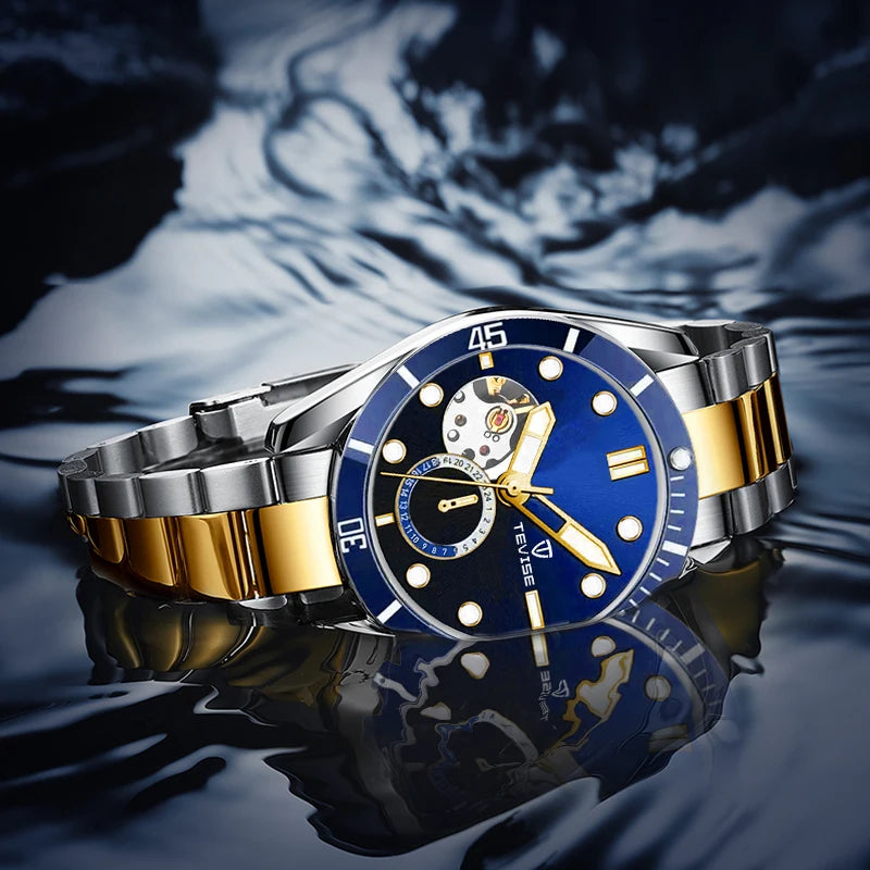 TEVISE Watch Automatic Mechanical Movement Fashion Stainless Steel Strap Skeleton Watch Luminous 24 Hour Wristwatch Waterproof