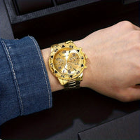 2026Men's Business Watch Steel Strip Quartz Watch Multi functional Digital Scale Three eye Watch Set