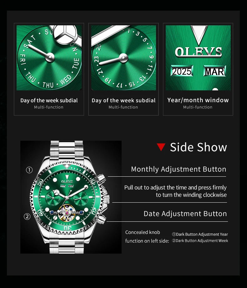 OLEVS 6605 Automatic Watches for Men Luxury Top Brand Original One-Way Rotation Bezel Skeleton Flywheel Mechanical Wristwatches