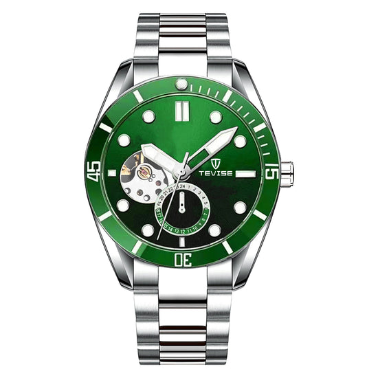 TEVISE Watch Automatic Mechanical Movement Fashion Stainless Steel Strap Skeleton Watch Luminous 24 Hour Wristwatch Waterproof
