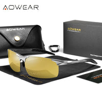 AOWEAR Mens Polarized Night Vision Glasses for Night Driving Rimless Aluminium Yellow Sunglasses Night Driver Anti-glare Eyewear