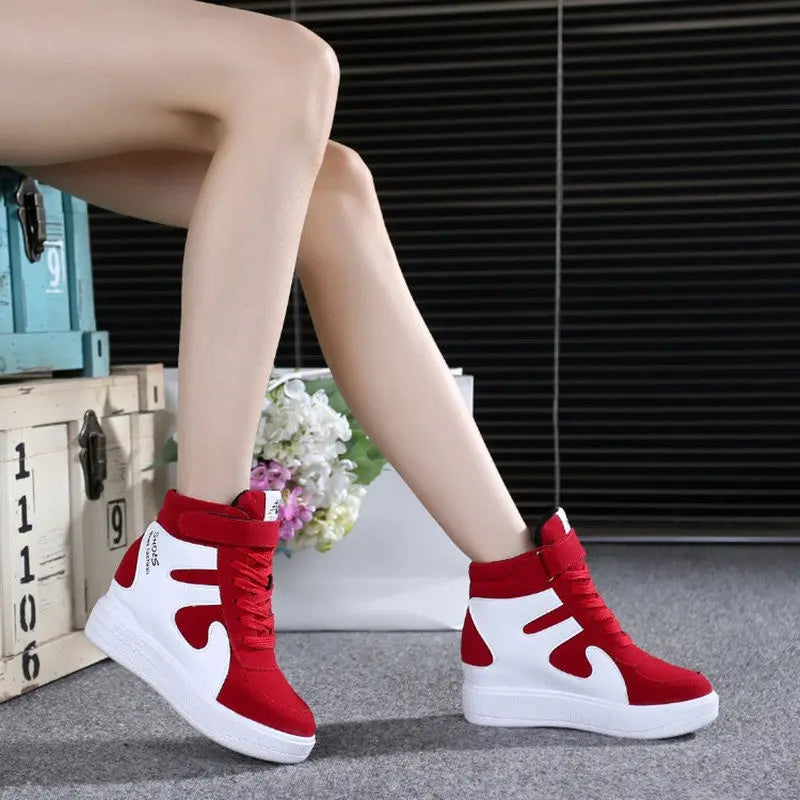 Red Sneakers Women 2024 New High Top Platform Casual Wedges Autumn Winter Female Black Internal Increase Vulcanize Shoes Lace-up