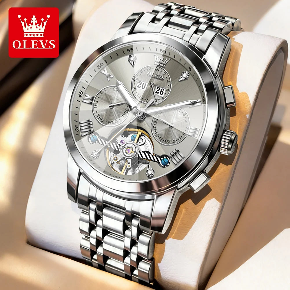 OLEVS 7121 Mechanical Men's Watches Fashion Skeleton Flywheel Rhombus Mirror Luminous Waterproof Luxury Automatic Man Watch New