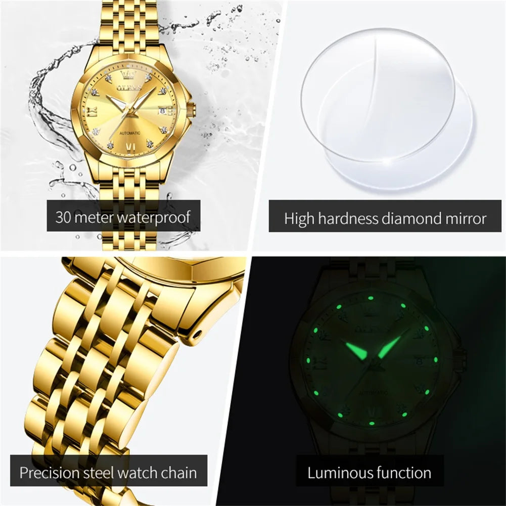 OLEVS 9982 Fully Automatic Mechanical Watches For Women Fashion Rhombus Mirror Waterproof Date Elegant Ladies Dress Wristwatches