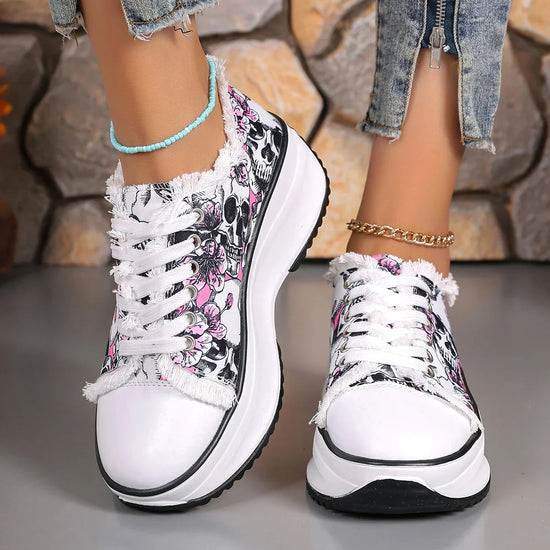 Women Sneakers New Elegant Floral Printed Lace Up Female Flat Shoes Fashion Trend Round Toe Sneakers Women Zapatos De Mujer