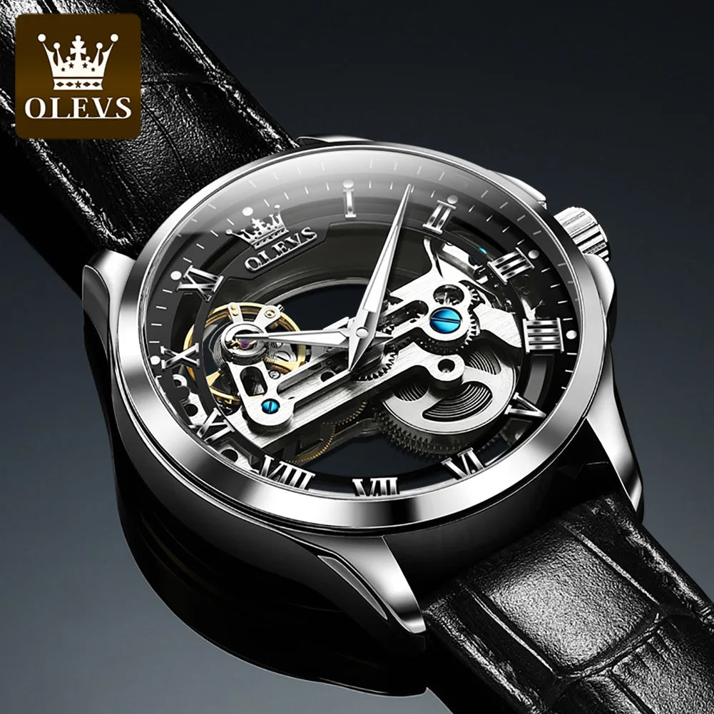 OLEVS 6661 Mechanical Wristwatch for Men Hollowed Flywheel Leather Strap Waterproof Luminous Business Men's Dress Watches